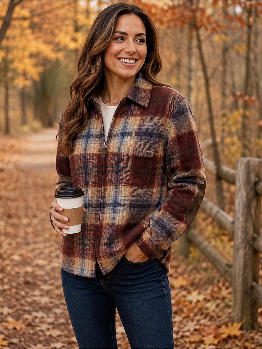 Crazy Horse Liz Claiborne Wool Blend Plaid Shacket Small Burgundy Elbow Patch
